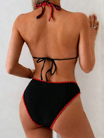 Women's 2-Piece Floral Halter Bikini Set - Triangle Cup, Low Waist, Multicolor