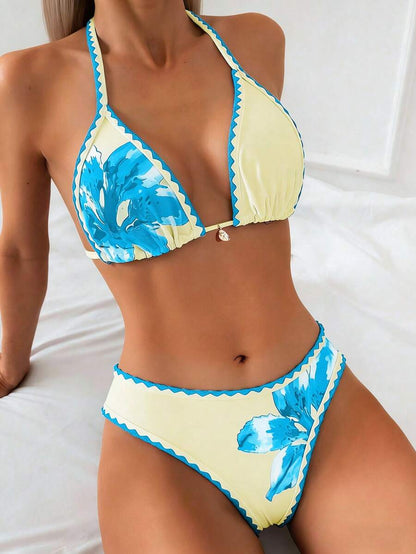 Swim Vcay Women's 2 Pieces Bikini Swimwear, Halter Neck Tie, Floral Print, Fashionable Casual Vacation Swimming Set Women Two Pieces Sets Swimwear Women Bikini Sets Swim Oasis 2 Pieces Flower Bikini Tropical Bikini Set