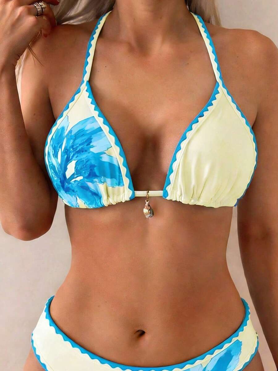 Swim Vcay Women's 2 Pieces Bikini Swimwear, Halter Neck Tie, Floral Print, Fashionable Casual Vacation Swimming Set Women Two Pieces Sets Swimwear Women Bikini Sets Swim Oasis 2 Pieces Flower Bikini Tropical Bikini Set