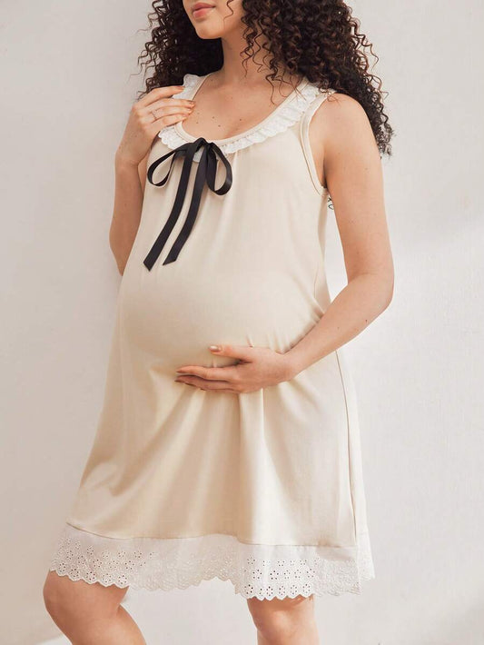 Maternity Round Neck Bow Ruffle Hem Nightgown Women Casual Loungewear Sleep Dress