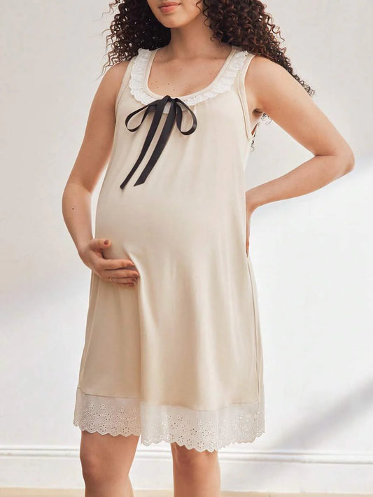 Maternity Round Neck Bow Ruffle Hem Nightgown Women Casual Loungewear Sleep Dress