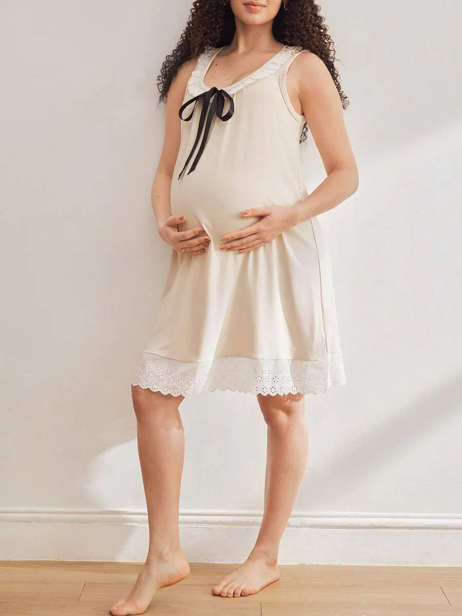 Maternity Round Neck Bow Ruffle Hem Nightgown Women Casual Loungewear Sleep Dress