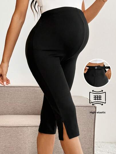 Maternity Solid Color Adjustable Waist Slit Hem Casual Cropped Leggings Maternity Leggings Pregnancy Pants Pregnancy Clothing