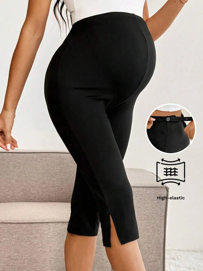 Maternity Solid Color Adjustable Waist Slit Hem Casual Cropped Leggings Maternity Leggings Pregnancy Pants Pregnancy Clothing