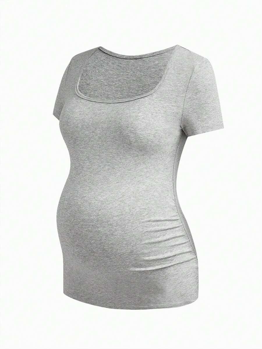 Maternity Solid Color Pleated T-Shirt - Casual Short Sleeve Versatile Daily Wear