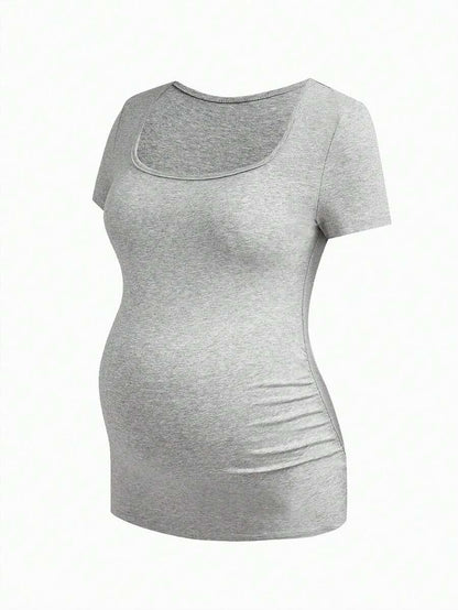 Maternity Solid Color Pleated T-Shirt - Casual Short Sleeve Versatile Daily Wear