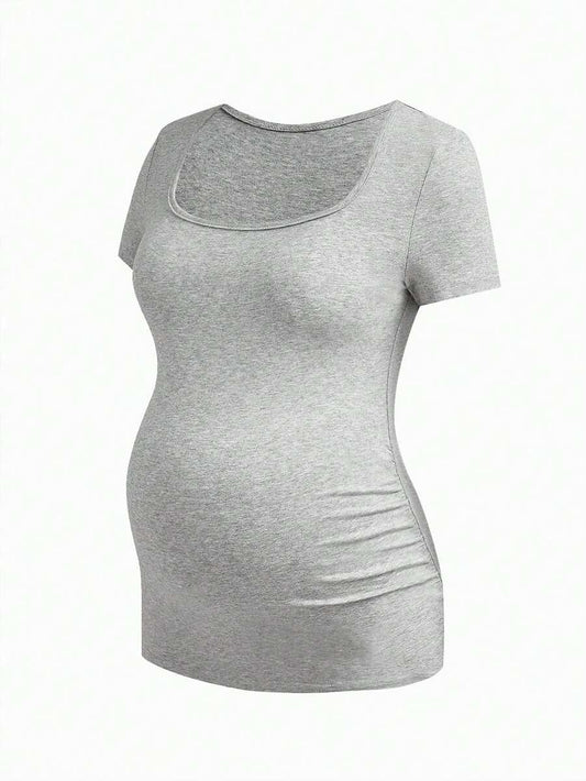 Maternity Solid Color Pleated T-Shirt - Casual Short Sleeve Versatile Daily Wear