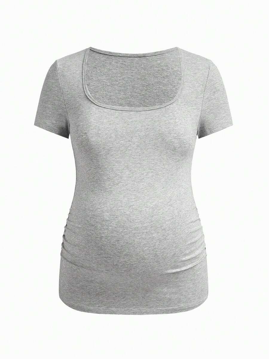 Maternity Solid Color Pleated T-Shirt - Casual Short Sleeve Versatile Daily Wear