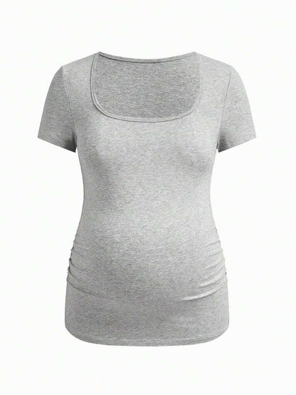 Maternity Solid Color Pleated T-Shirt - Casual Short Sleeve Versatile Daily Wear