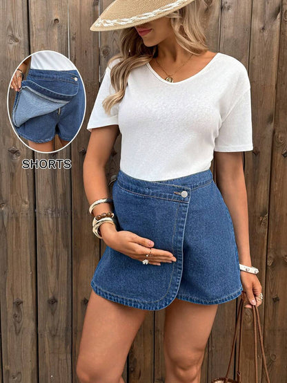 Blue Denim Maternity Shorts with Ruffled Hem - Loose Fit Zipper Fly Mini Shorts - Casual Home and Daily Wear Cotton Blend Shorts