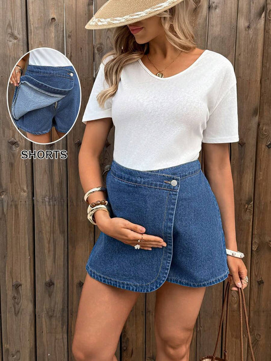 Blue Denim Maternity Shorts with Ruffled Hem - Loose Fit Zipper Fly Mini Shorts - Casual Home and Daily Wear Cotton Blend Shorts