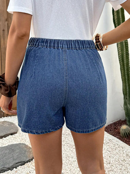 Blue Denim Maternity Shorts with Ruffled Hem - Loose Fit Zipper Fly Mini Shorts - Casual Home and Daily Wear Cotton Blend Shorts