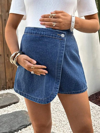 Blue Denim Maternity Shorts with Ruffled Hem - Loose Fit Zipper Fly Mini Shorts - Casual Home and Daily Wear Cotton Blend Shorts