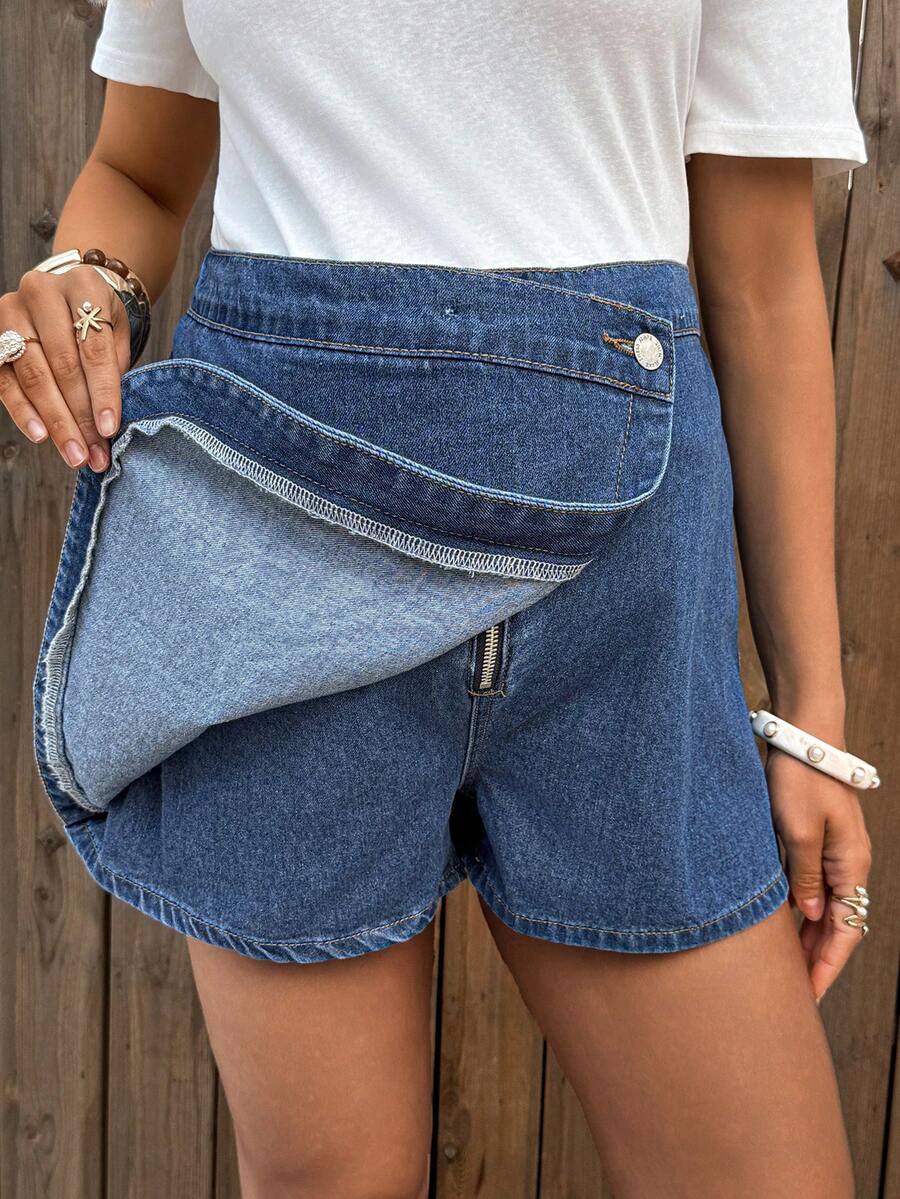 Blue Denim Maternity Shorts with Ruffled Hem - Loose Fit Zipper Fly Mini Shorts - Casual Home and Daily Wear Cotton Blend Shorts