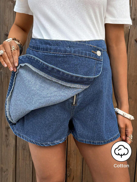 Blue Denim Maternity Shorts with Ruffled Hem - Loose Fit Zipper Fly Mini Shorts - Casual Home and Daily Wear Cotton Blend Shorts