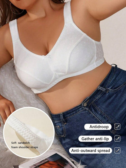 Plus Size Women's Jacquard Wireless Bra - Soft Sponge Adjustable Strap Bralette