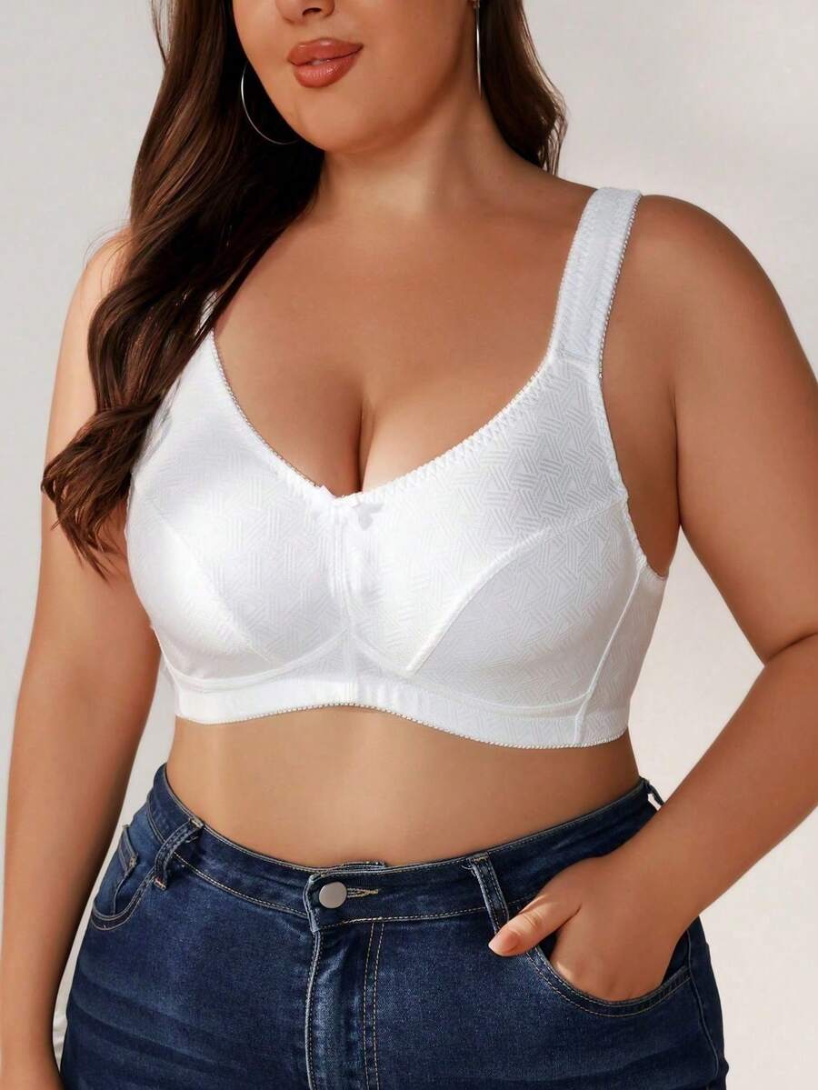 Plus Size Women's Jacquard Wireless Bra - Soft Sponge Adjustable Strap Bralette