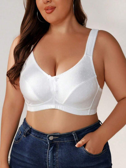 Plus Size Women's Jacquard Wireless Bra - Soft Sponge Adjustable Strap Bralette