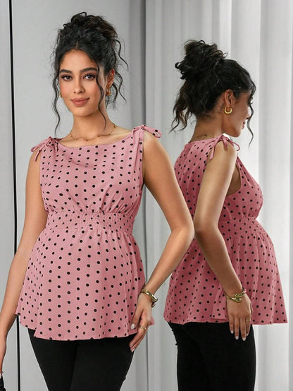 Maternity Polka Dot Print Knotted Shoulder & Waist Tunic - Stylish Geometric Shirred Boat Neck Sleeveless Tank Top in Apricot