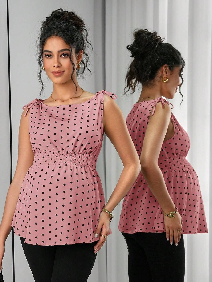 Apricot Geometric Print Shirred Boat Neck Maternity Tank Top - Casual Regular Fit Sleeveless Cami for Home and Everyday Wear