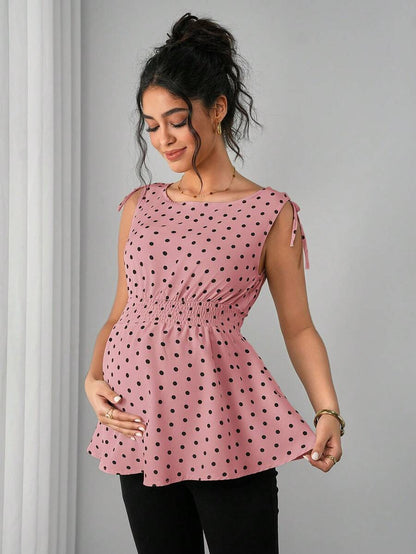 Apricot Geometric Print Shirred Boat Neck Maternity Tank Top - Casual Regular Fit Sleeveless Cami for Home and Everyday Wear