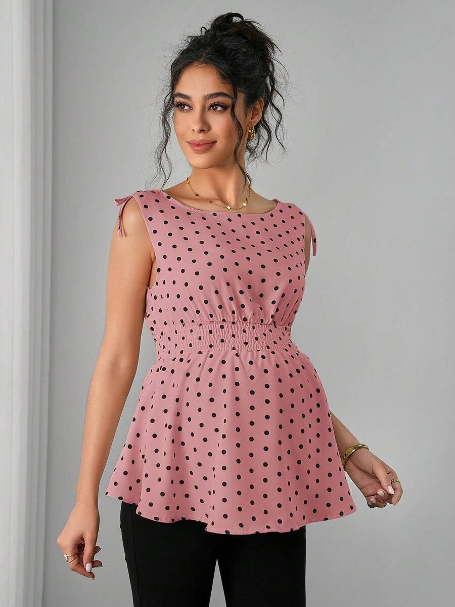Maternity Polka Dot Print Knotted Shoulder & Waist Tunic - Stylish Geometric Shirred Boat Neck Sleeveless Tank Top in Apricot