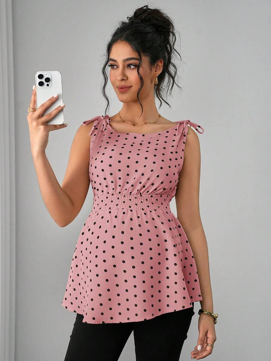 Maternity Polka Dot Print Knotted Shoulder & Waist Tunic - Stylish Geometric Shirred Boat Neck Sleeveless Tank Top in Apricot