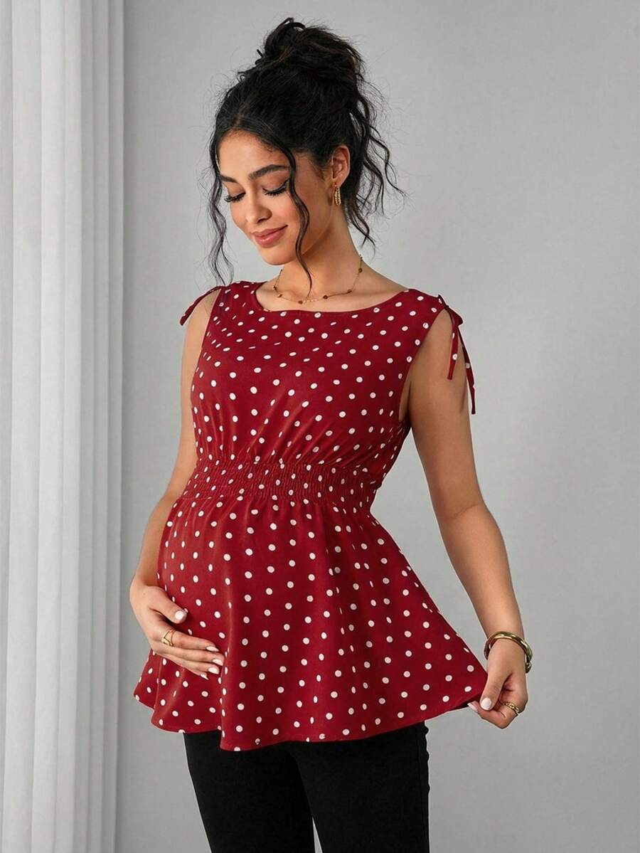 Apricot Geometric Print Shirred Boat Neck Maternity Tank Top - Casual Regular Fit Sleeveless Cami for Home and Everyday Wear