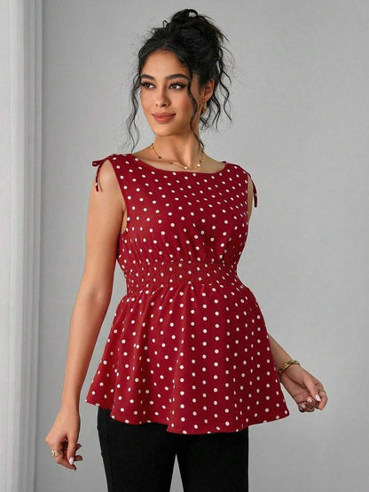 Maternity Polka Dot Print Knotted Shoulder & Waist Tunic - Stylish Geometric Shirred Boat Neck Sleeveless Tank Top in Apricot