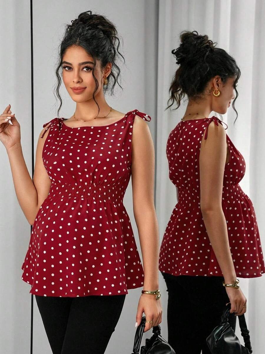 Maternity Polka Dot Print Knotted Shoulder & Waist Tunic - Stylish Geometric Shirred Boat Neck Sleeveless Tank Top in Apricot