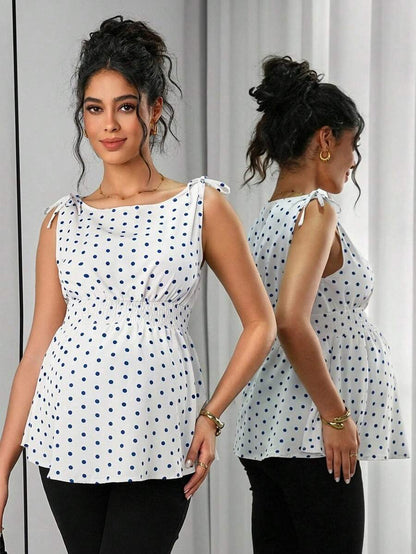 Apricot Geometric Print Shirred Boat Neck Maternity Tank Top - Casual Regular Fit Sleeveless Cami for Home and Everyday Wear