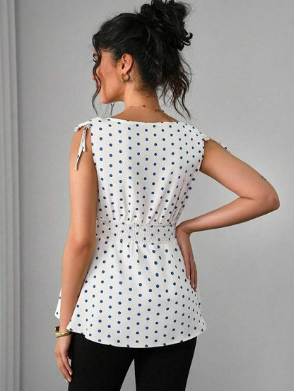 Maternity Polka Dot Print Knotted Shoulder & Waist Tunic - Stylish Geometric Shirred Boat Neck Sleeveless Tank Top in Apricot
