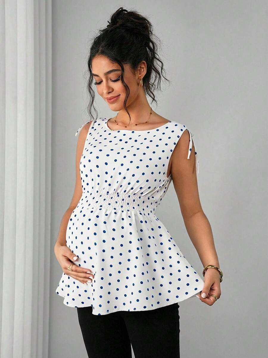 Maternity Polka Dot Print Knotted Shoulder & Waist Tunic - Stylish Geometric Shirred Boat Neck Sleeveless Tank Top in Apricot