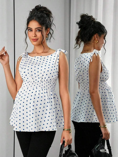 Maternity Polka Dot Print Knotted Shoulder & Waist Tunic - Stylish Geometric Shirred Boat Neck Sleeveless Tank Top in Apricot