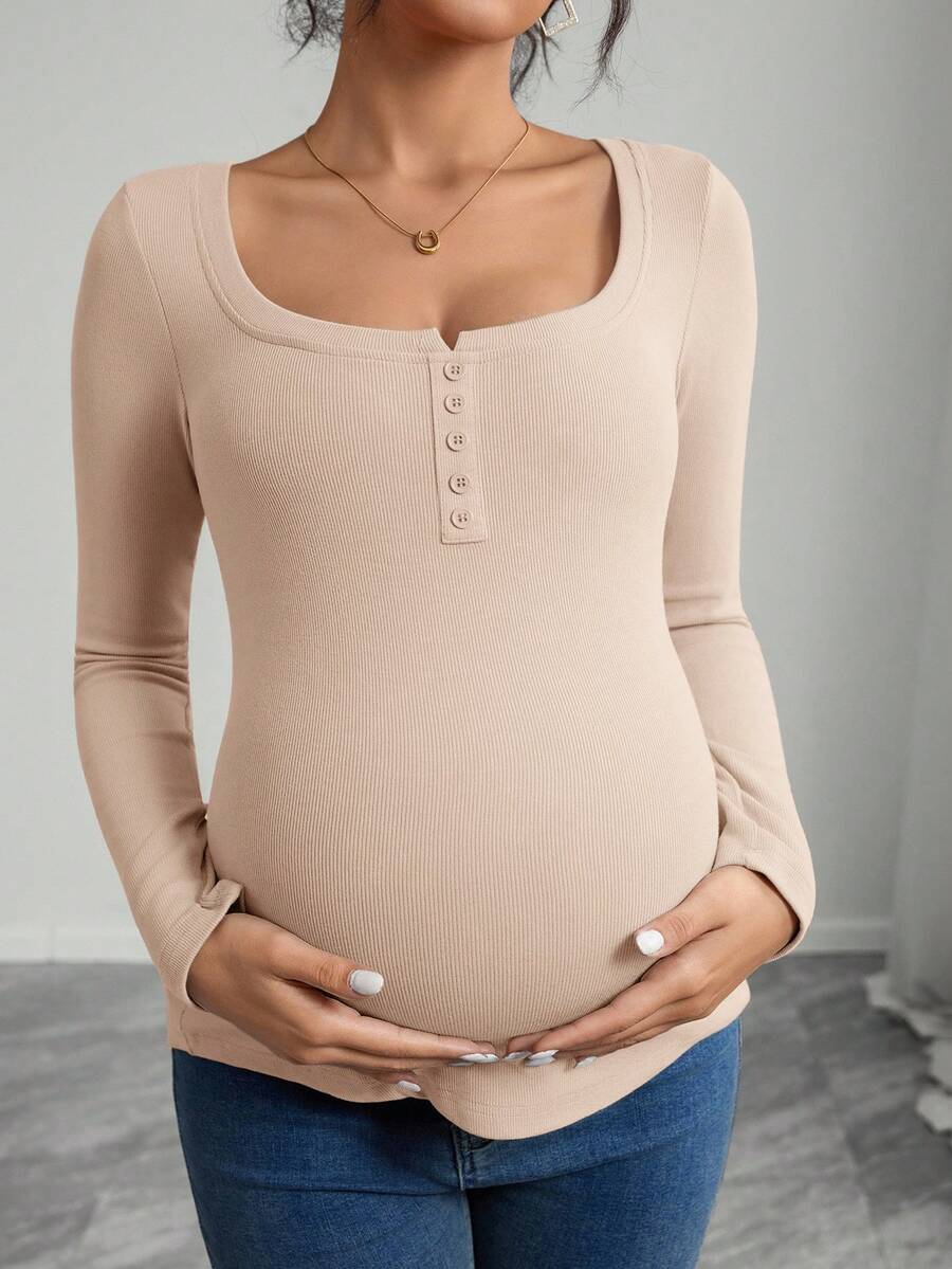 Maternity Grey Long Sleeve Slim Fit Henley T-Shirt with High Stretch Square Neck and Half Button Placket Detail
