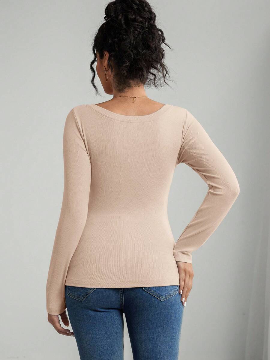 Maternity T-Shirt - Solid Color Button Half Placket Long Sleeve Casual Soft, Everyday Pregnancy