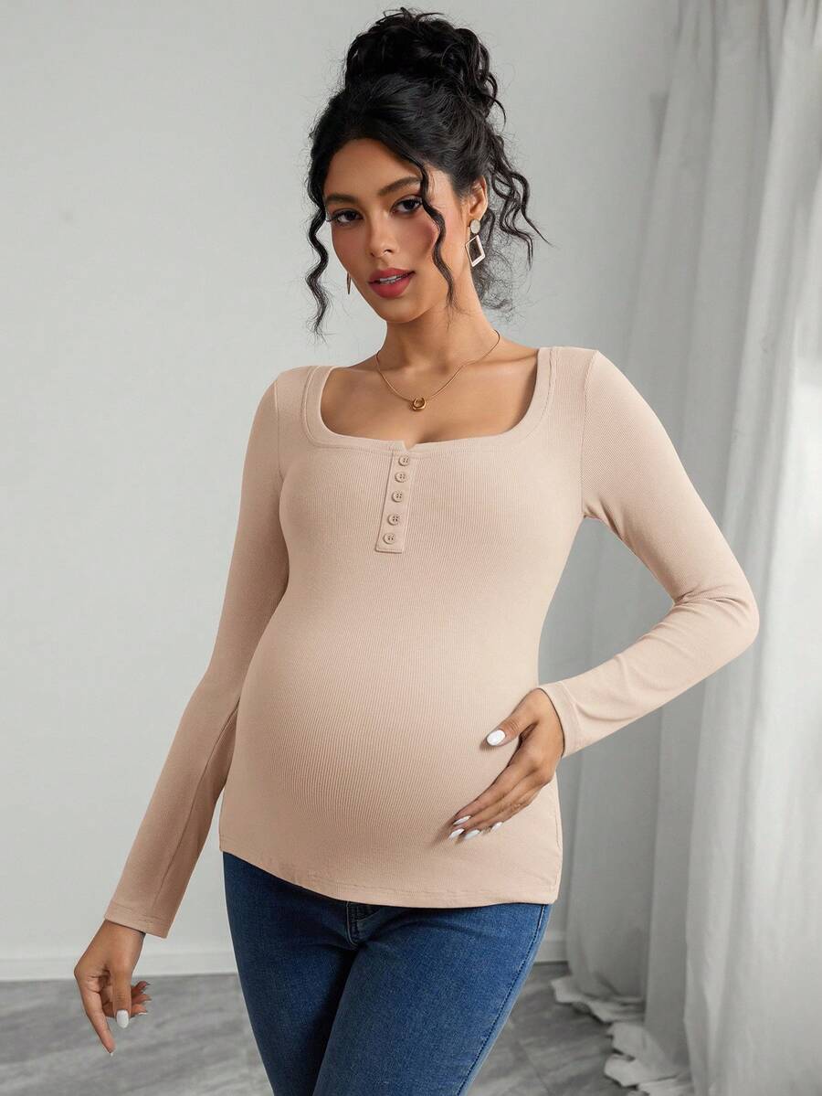 Maternity T-Shirt - Solid Color Button Half Placket Long Sleeve Casual Soft, Everyday Pregnancy
