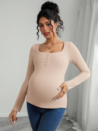 Maternity T-Shirt - Solid Color Button Half Placket Long Sleeve Casual Soft, Everyday Pregnancy