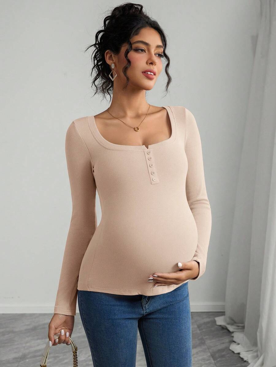 Maternity T-Shirt - Solid Color Button Half Placket Long Sleeve Casual Soft, Everyday Pregnancy