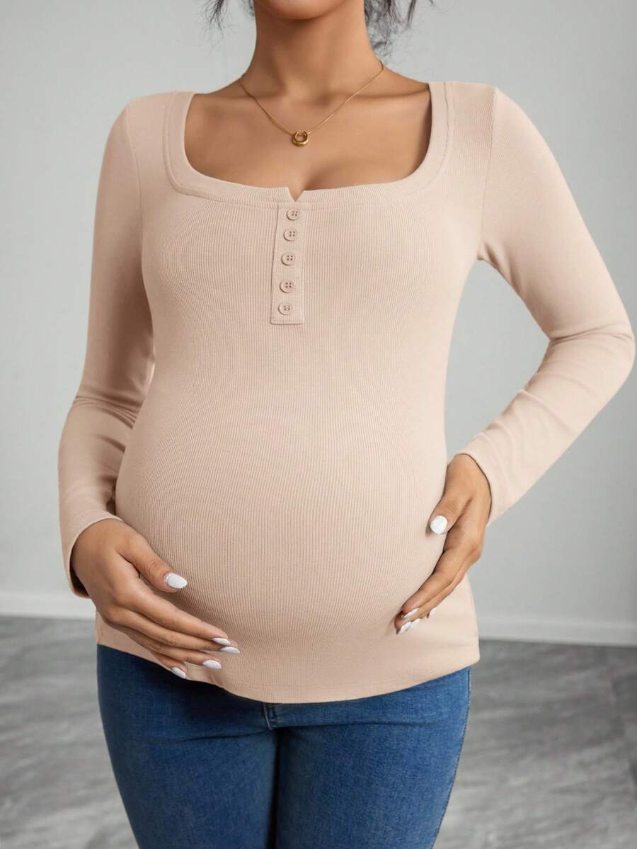 Maternity T-Shirt - Solid Color Button Half Placket Long Sleeve Casual Soft, Everyday Pregnancy