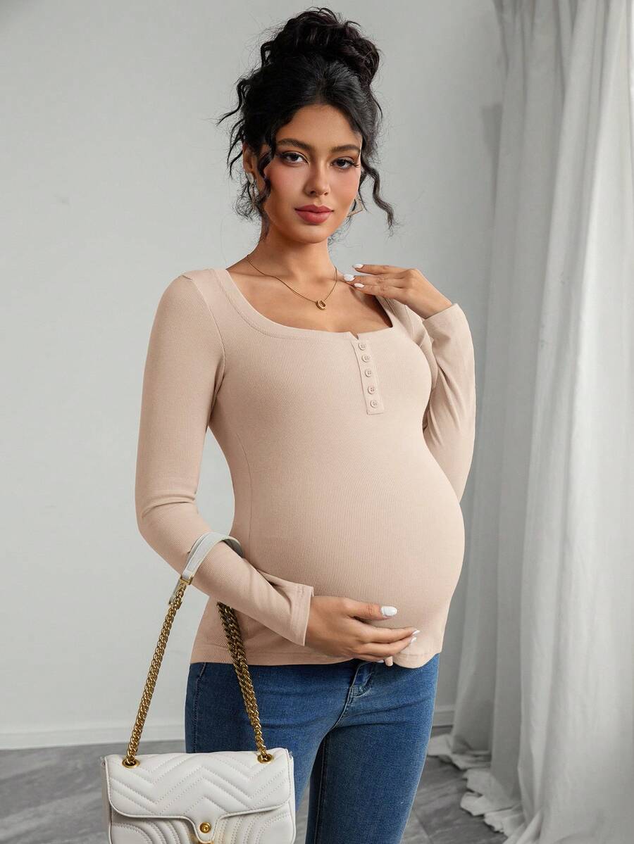 Maternity Grey Long Sleeve Slim Fit Henley T-Shirt with High Stretch Square Neck and Half Button Placket Detail