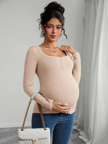 Maternity Grey Long Sleeve Slim Fit Henley T-Shirt with High Stretch Square Neck and Half Button Placket Detail