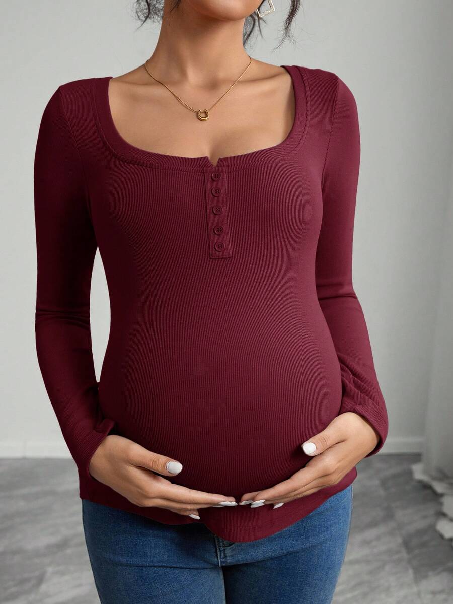 Maternity Grey Long Sleeve Slim Fit Henley T-Shirt with High Stretch Square Neck and Half Button Placket Detail