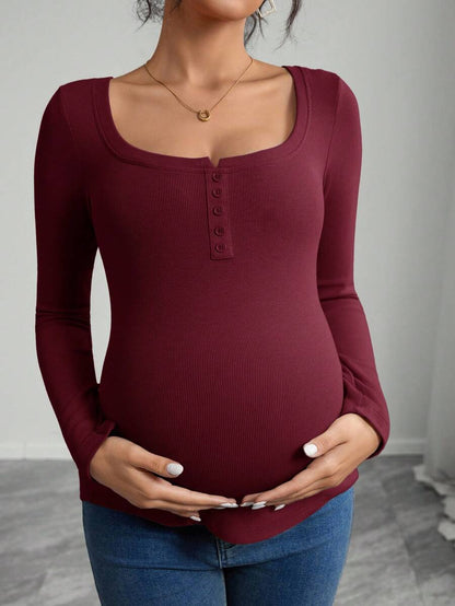 Maternity Grey Long Sleeve Slim Fit Henley T-Shirt with High Stretch Square Neck and Half Button Placket Detail