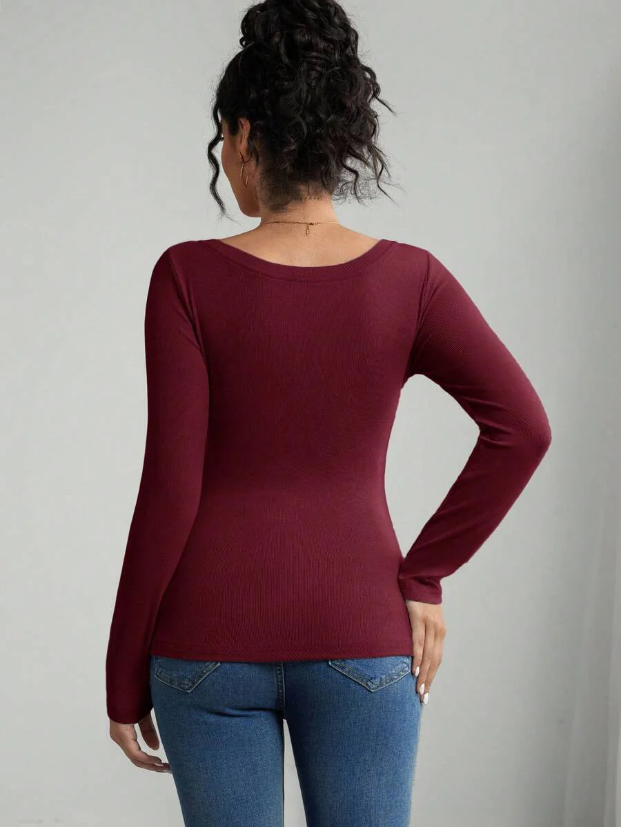 Maternity Grey Long Sleeve Slim Fit Henley T-Shirt with High Stretch Square Neck and Half Button Placket Detail