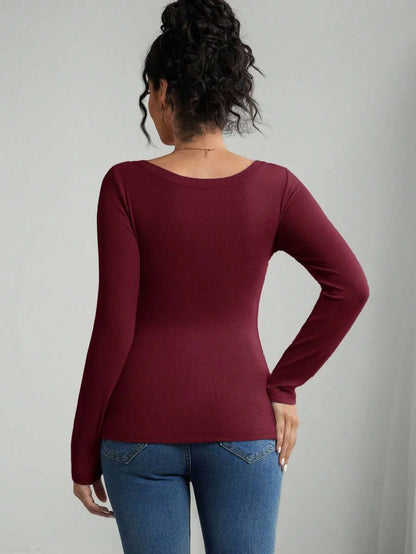 Maternity T-Shirt - Solid Color Button Half Placket Long Sleeve Casual Soft, Everyday Pregnancy