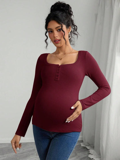 Maternity T-Shirt - Solid Color Button Half Placket Long Sleeve Casual Soft, Everyday Pregnancy