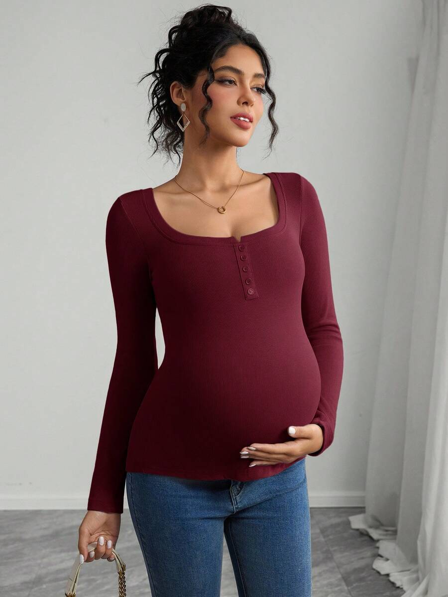 Maternity Grey Long Sleeve Slim Fit Henley T-Shirt with High Stretch Square Neck and Half Button Placket Detail