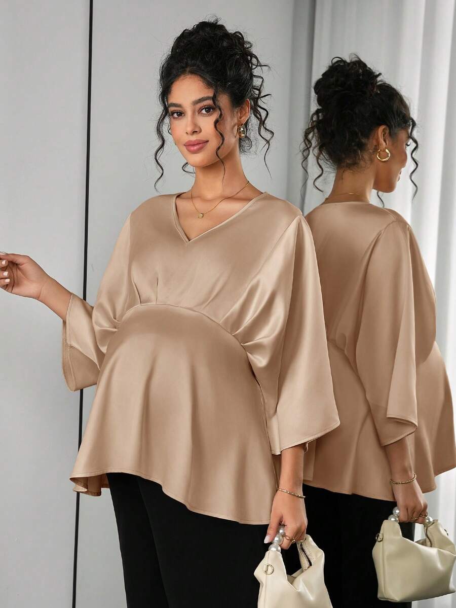 Maternity Elegant Blouse - V Neck, Batwing Three Quarter Sleeve, Asymmetric Hem, White