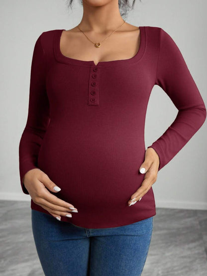 Maternity T-Shirt - Solid Color Button Half Placket Long Sleeve Casual Soft, Everyday Pregnancy